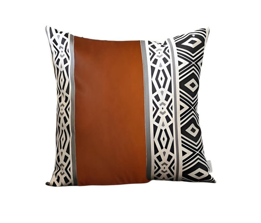 Set of Four 18" Brown Black and White Geometric Fabric and Faux Leather Throw Pillows