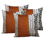 Set of Four 18" Brown Black and White Geometric Fabric and Faux Leather Throw Pillows