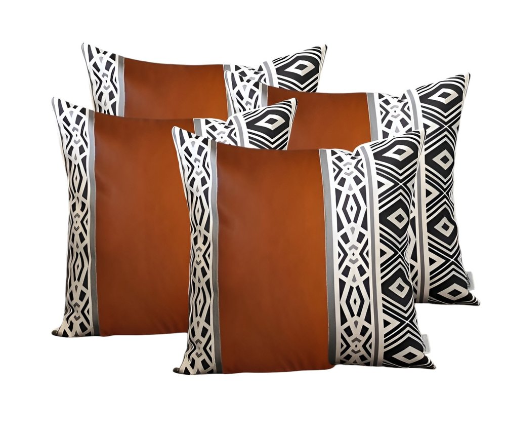 Set of Four 18" Brown Black and White Geometric Fabric and Faux Leather Throw Pillows