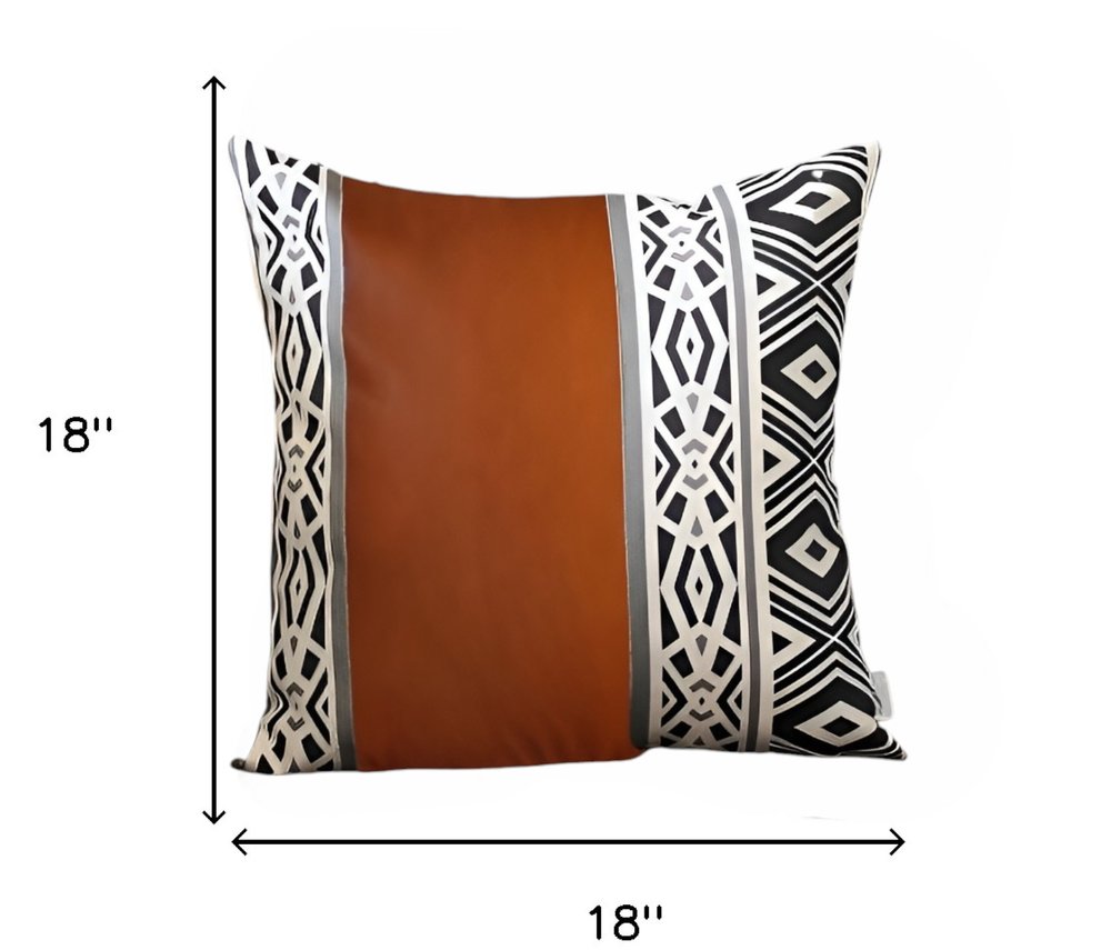 Set of Four 18" Brown Black and White Geometric Fabric and Faux Leather Throw Pillows
