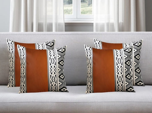 Set of Four 18" Brown Black and White Geometric Fabric and Faux Leather Throw Pillows
