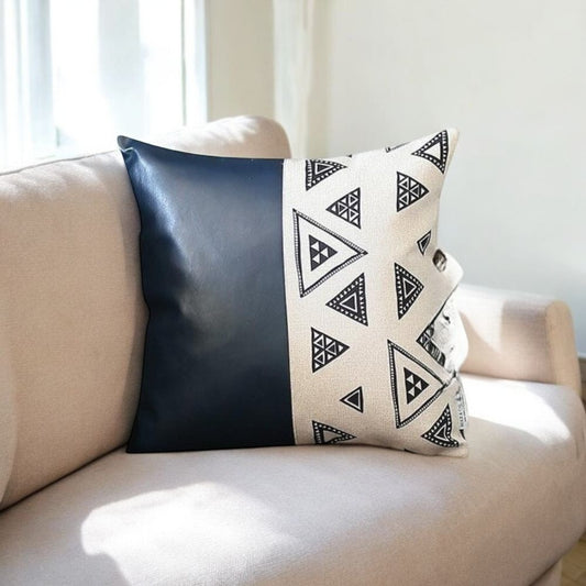 17" X 17" Navy Blue Geometric Zippered Handmade Faux Leather Throw Pillow Cover