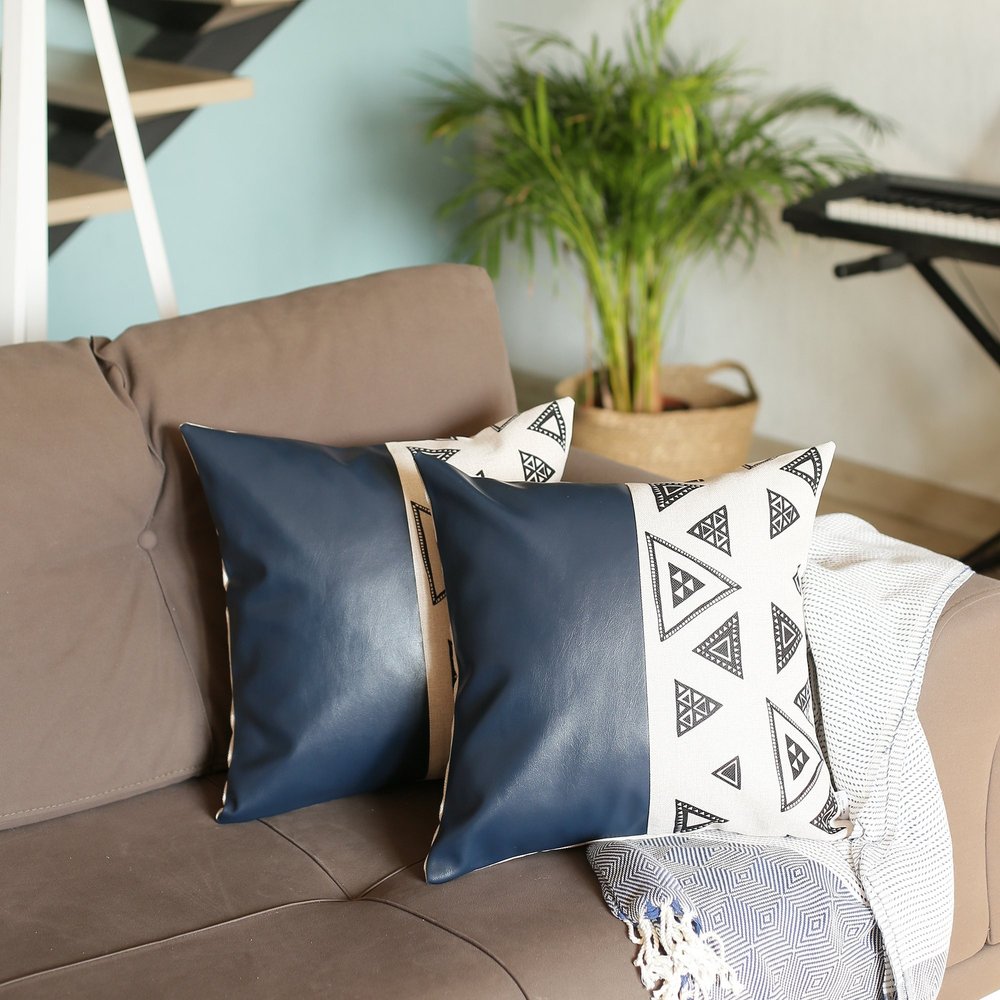 Set of Two 17" Black and White Geometric Fabric and Faux Leather Throw Pillow Covers