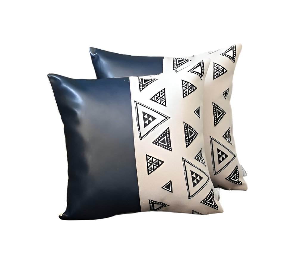 Set of Two 17" Black and White Geometric Fabric and Faux Leather Throw Pillow Covers