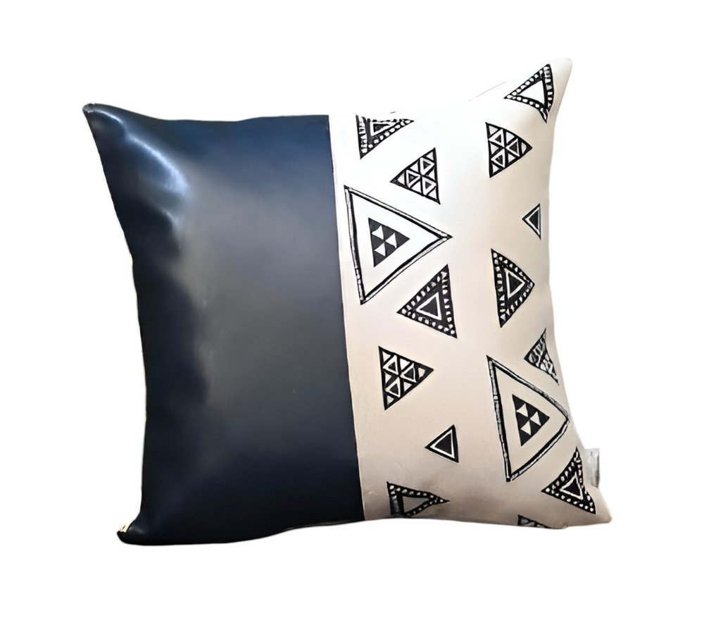 Set of Two 17" Black and White Geometric Fabric and Faux Leather Throw Pillow Covers