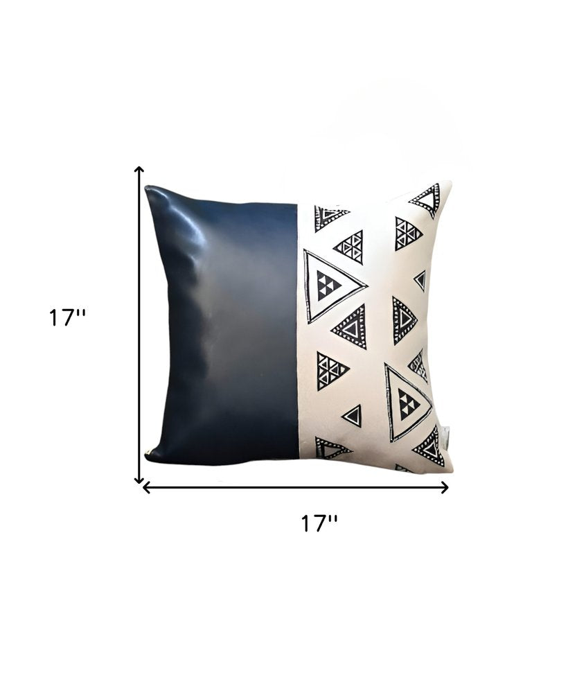 Set of Two 17" Black and White Geometric Fabric and Faux Leather Throw Pillow Covers