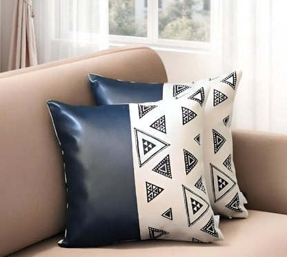Set of Two 17" Black and White Geometric Fabric and Faux Leather Throw Pillow Covers