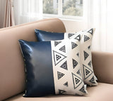 Set of Two 17" Black and White Geometric Fabric and Faux Leather Throw Pillow Covers