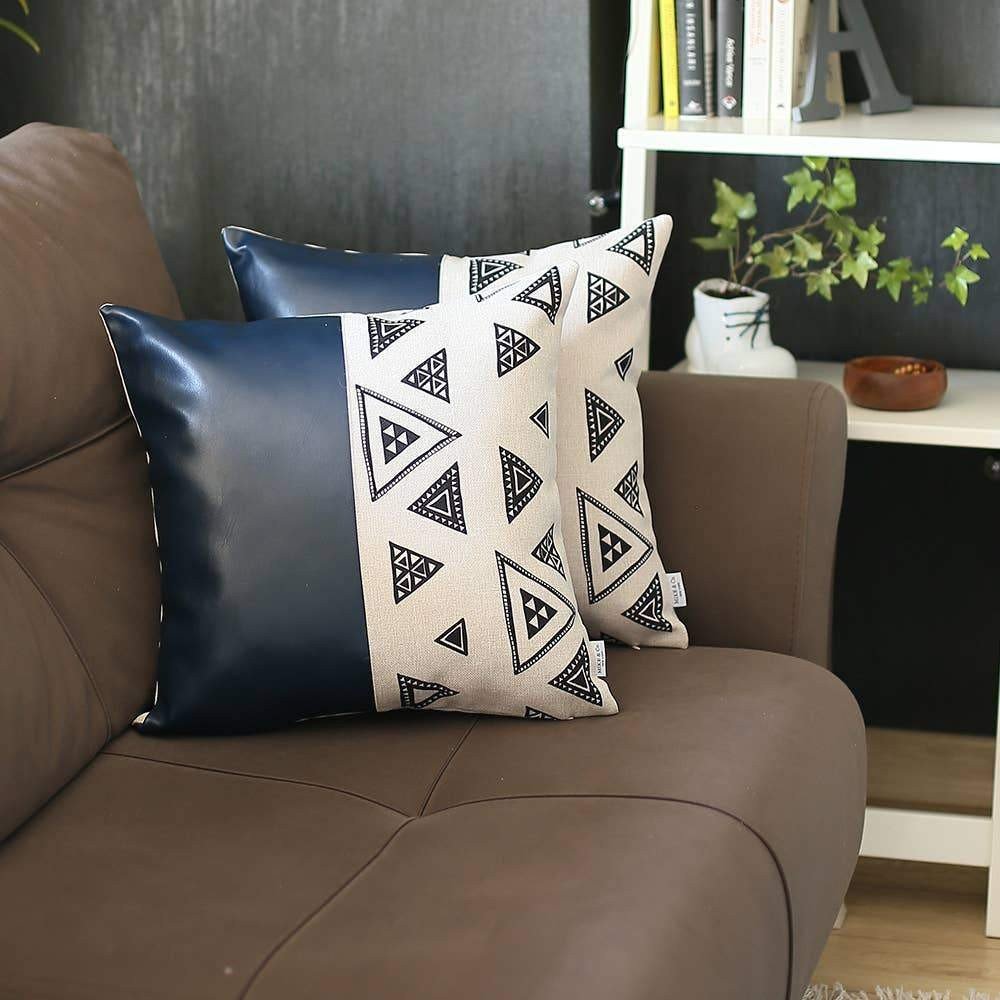 Set of Two 18" Black and White Geometric Fabric and Faux Leather Throw Pillows