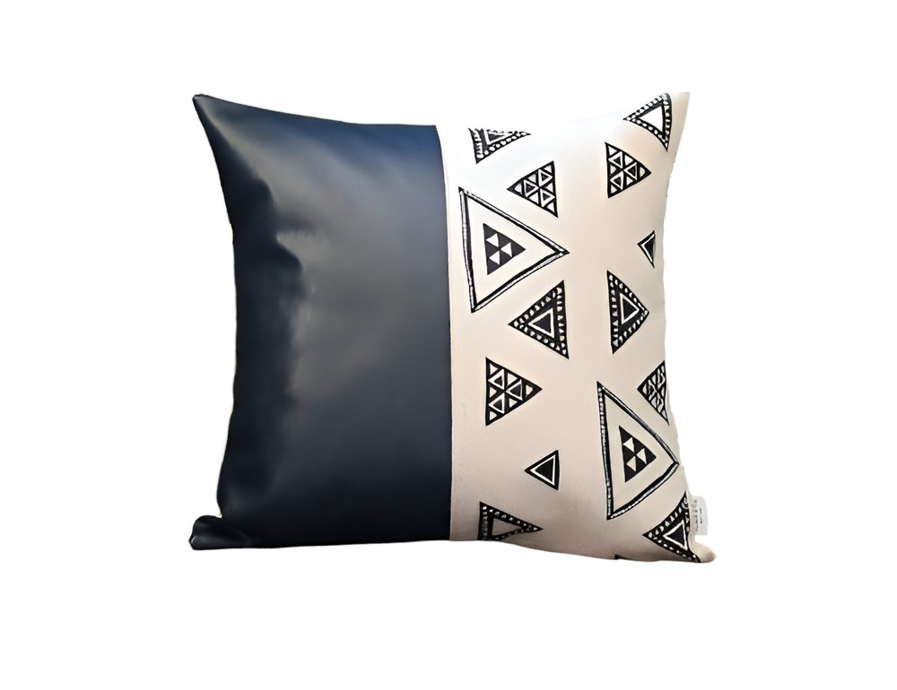 Set of Two 18" Black and White Geometric Fabric and Faux Leather Throw Pillows