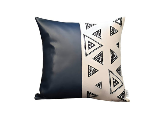 Set of Two 18" Black and White Geometric Fabric and Faux Leather Throw Pillows
