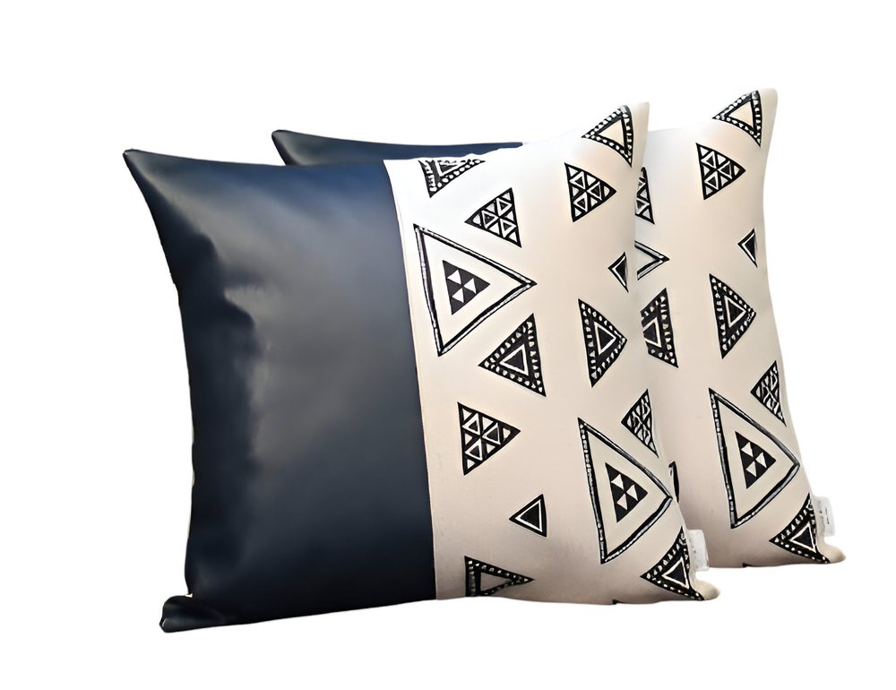 Set of Two 18" Black and White Geometric Fabric and Faux Leather Throw Pillows