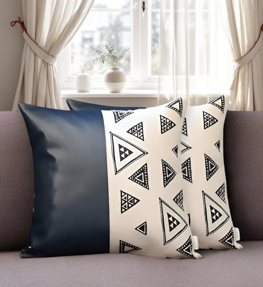 Set of Two 18" Black and White Geometric Fabric and Faux Leather Throw Pillows