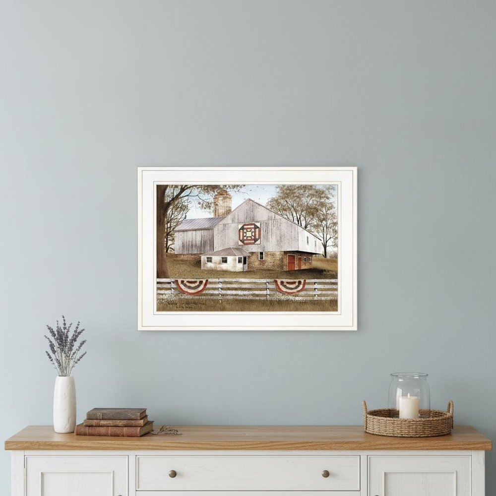 American Star Quilt Block Barn 1 White Framed Print Wall Art