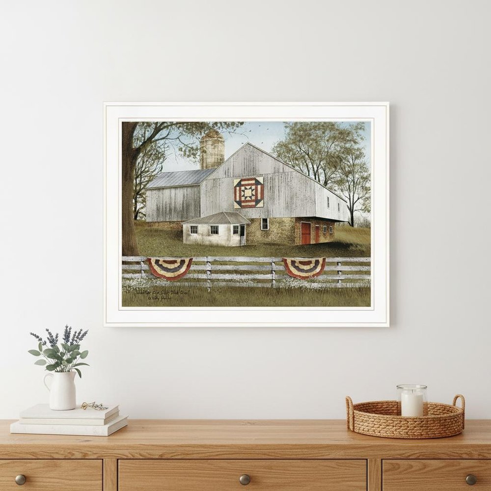 American Star Quilt Block Barn 3 White Framed Print Wall Art
