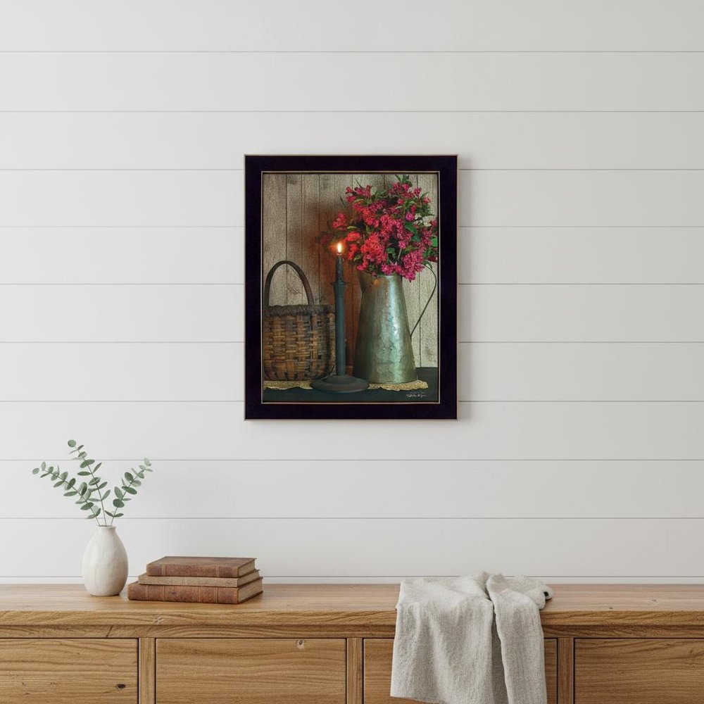 Basket and Blossoms Black Framed Print Wall Art