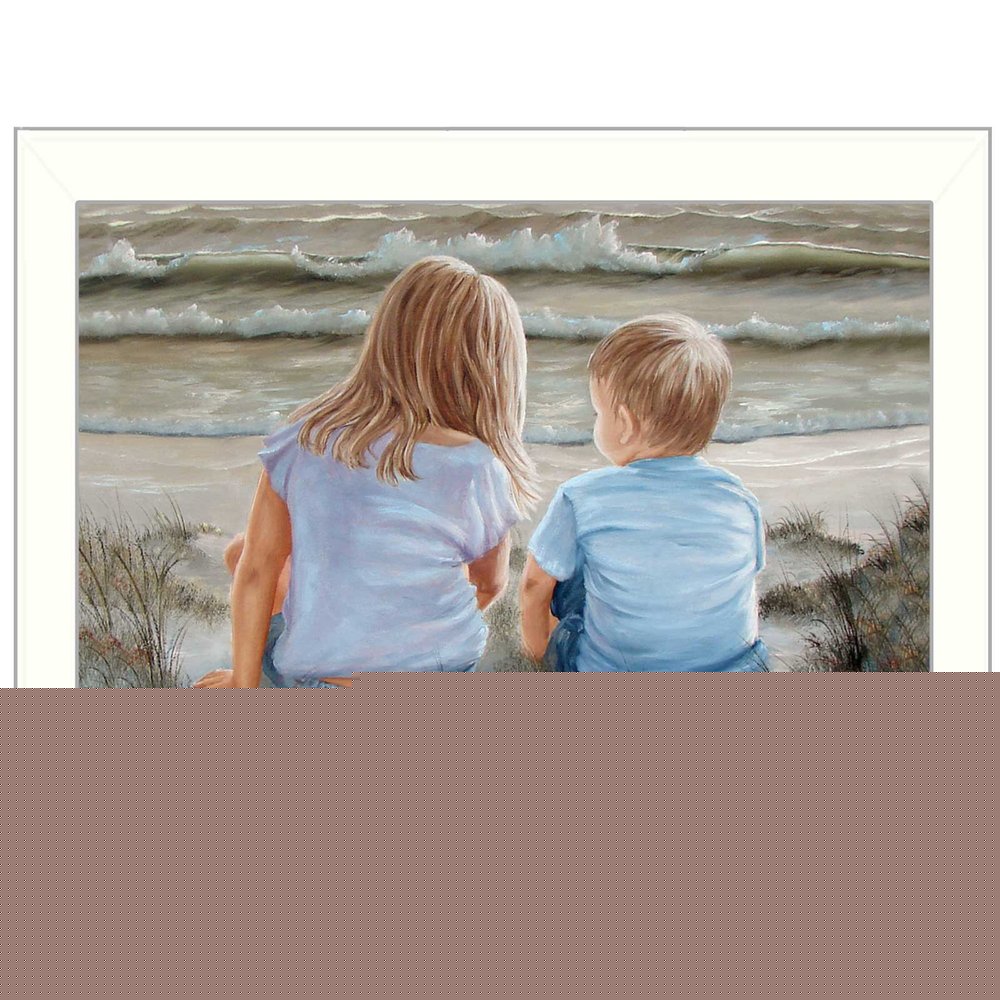 Boy and Girl Sitting White Framed Print Wall Art