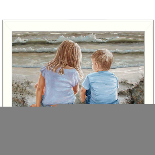 Boy and Girl Sitting White Framed Print Wall Art