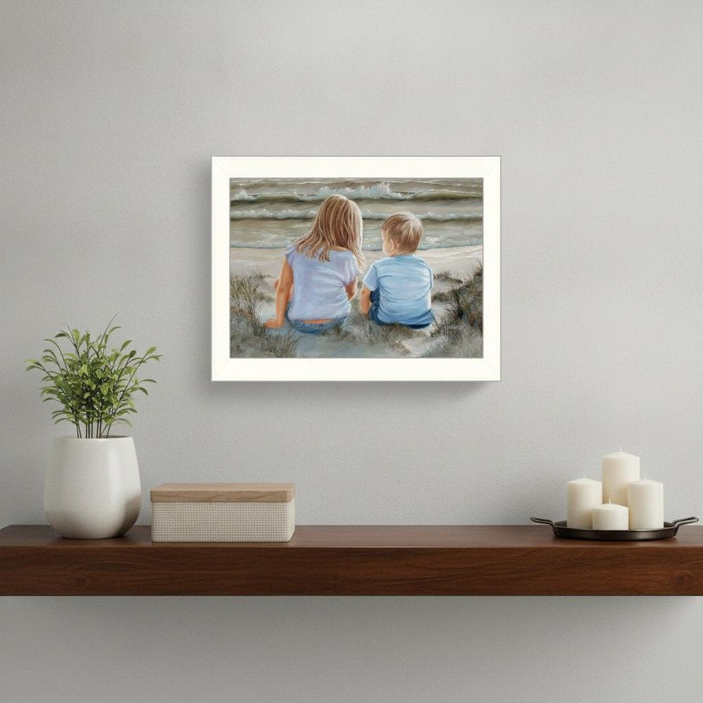Boy and Girl Sitting White Framed Print Wall Art