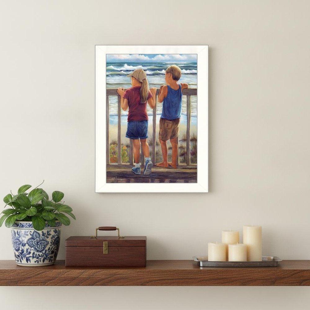 Looking Over the Rail White Framed Print Wall Art