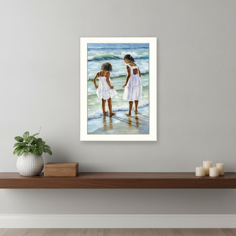 Two Girls at the Beach 1 White Framed Print Wall Art