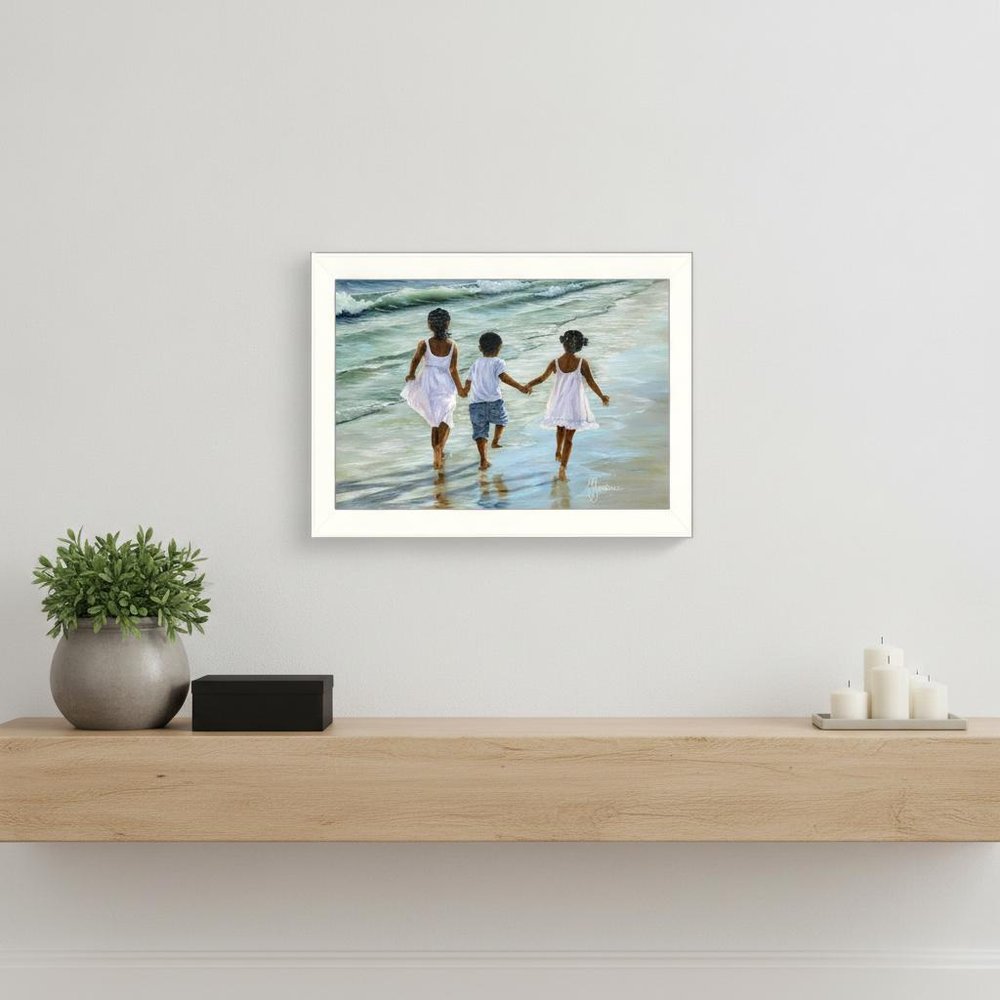 Running on the Beach 1 White Framed Print Wall Art