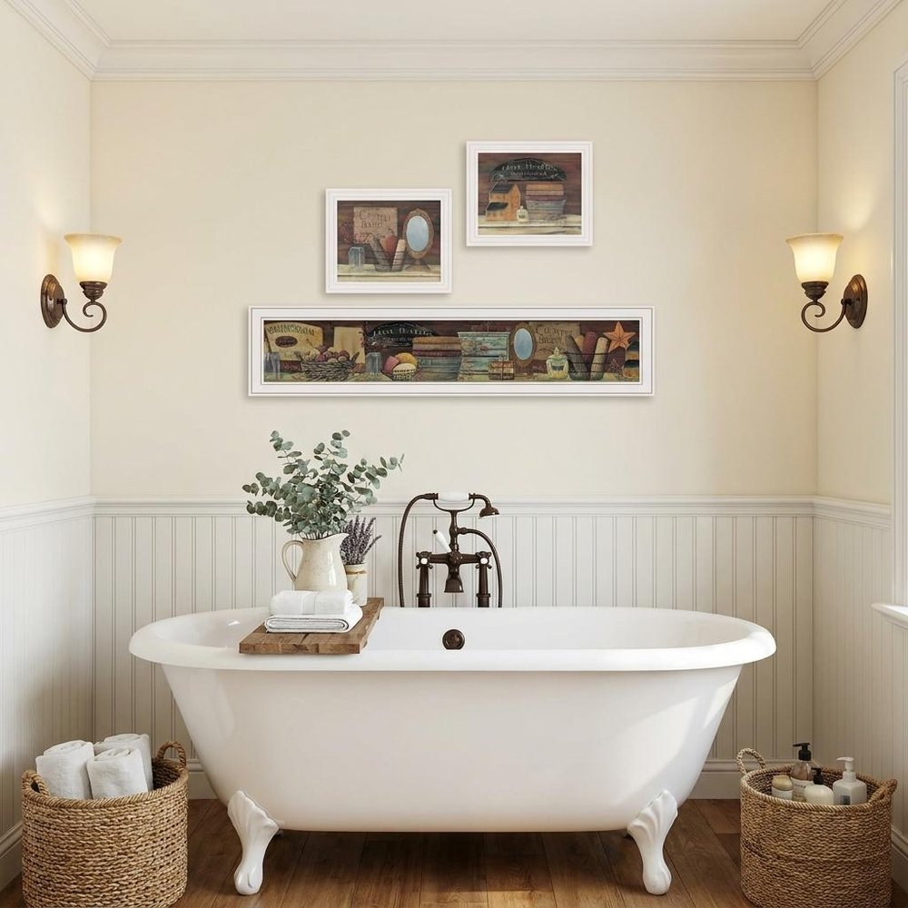 Set Of Three COUNTRY BATH White Framed Print Bathroom Wall Art