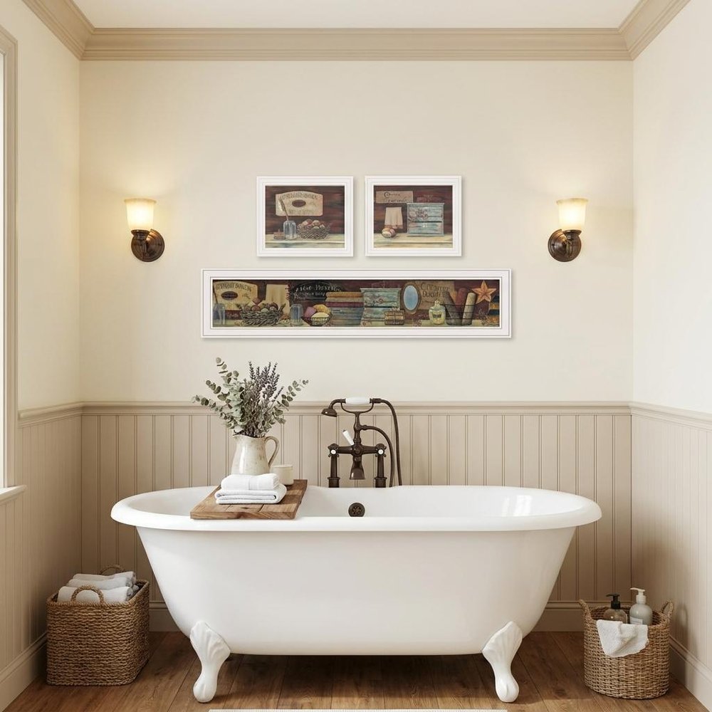 Set Of Three COUNTRY BATH White Framed Print Bathroom Wall Art