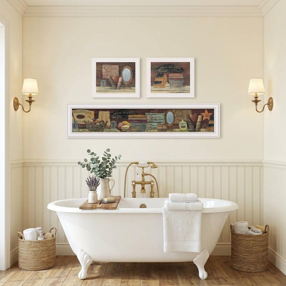 Set Of Three COUNTRY BATH White Framed Print Bathroom Wall Art