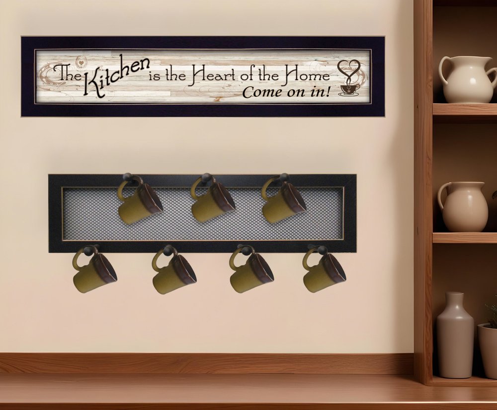 Set Of Two The Kitchen with Seven Peg Mug Rack 1 Black Framed Kitchen Wall Art