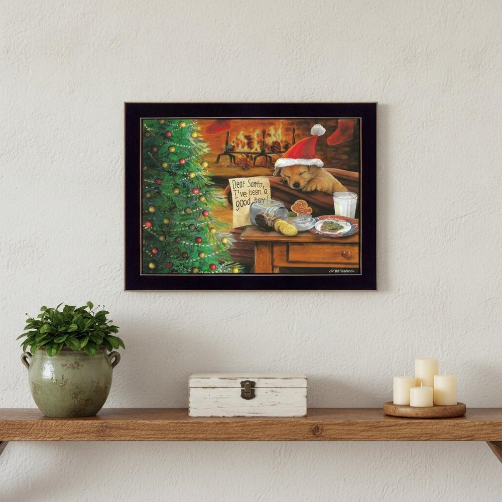 Christmas Eve Puppy Black Framed Print Wall Art