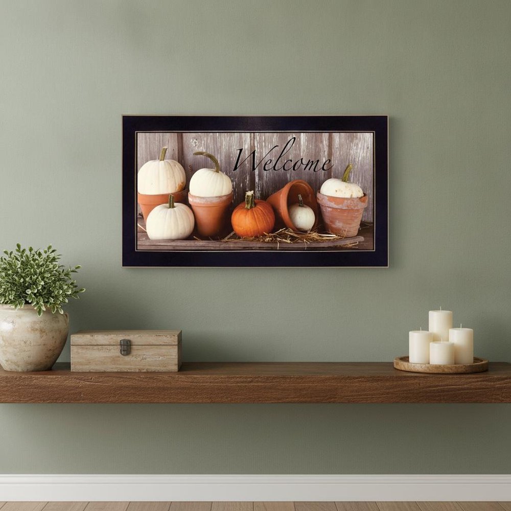 Welcome Pumpkin Shelf 3 Black Framed Print Wall Art