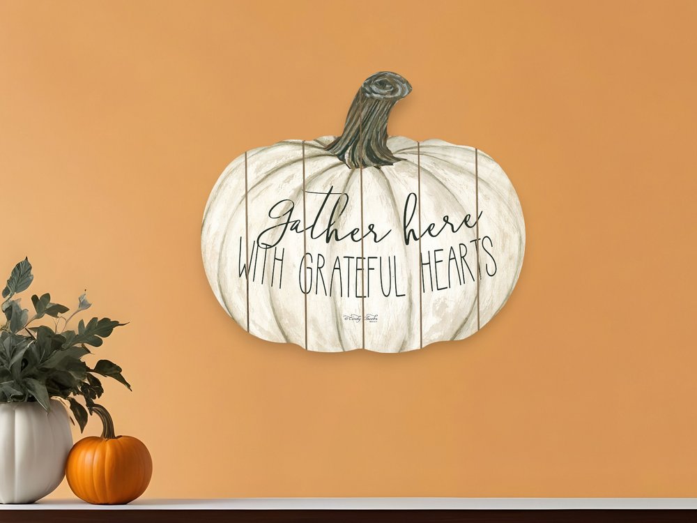 15" X 17" Cream Pumpkin Gather Here With Grateful Hearts Hanging Dimensional Sculpture