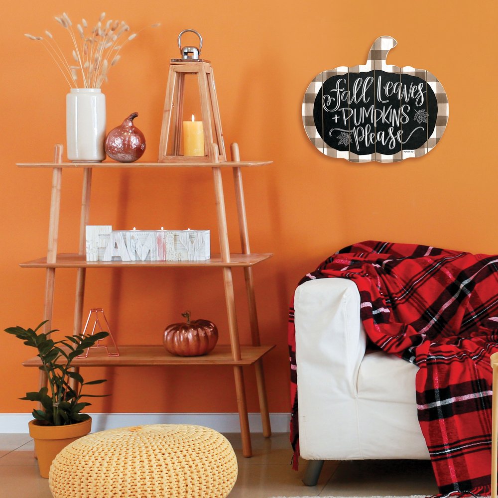 15" X 17" Brown And White Fall Leaves and Pumpkins Please Hanging Dimensional Sculpture