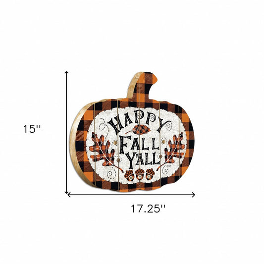 15" X 17" Black And Orange Wood Happy Fall Yall Pumpkin Hanging Dimensional Sculpture