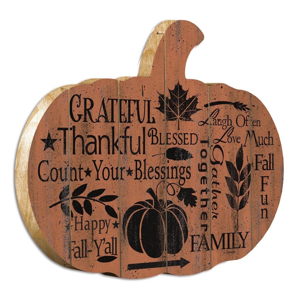 Grateful Thankful Blessed Unframed Wood Pumpkin Wall Decor