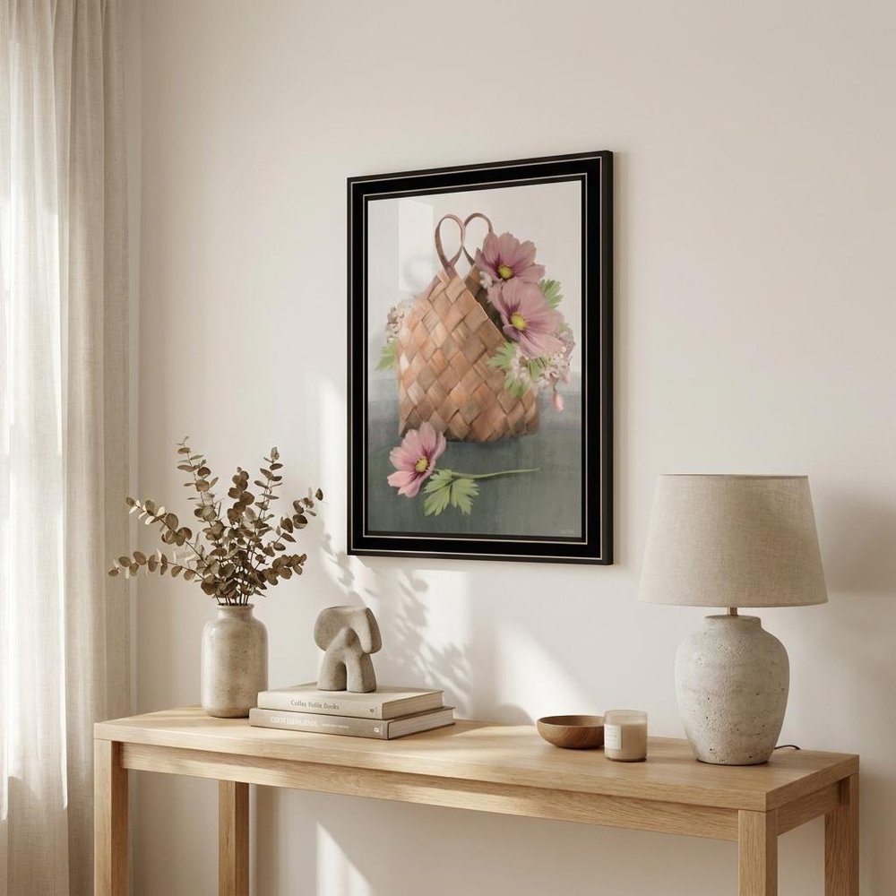 Farmhouse Daisy Basket 1 Black Framed Print Wall Art