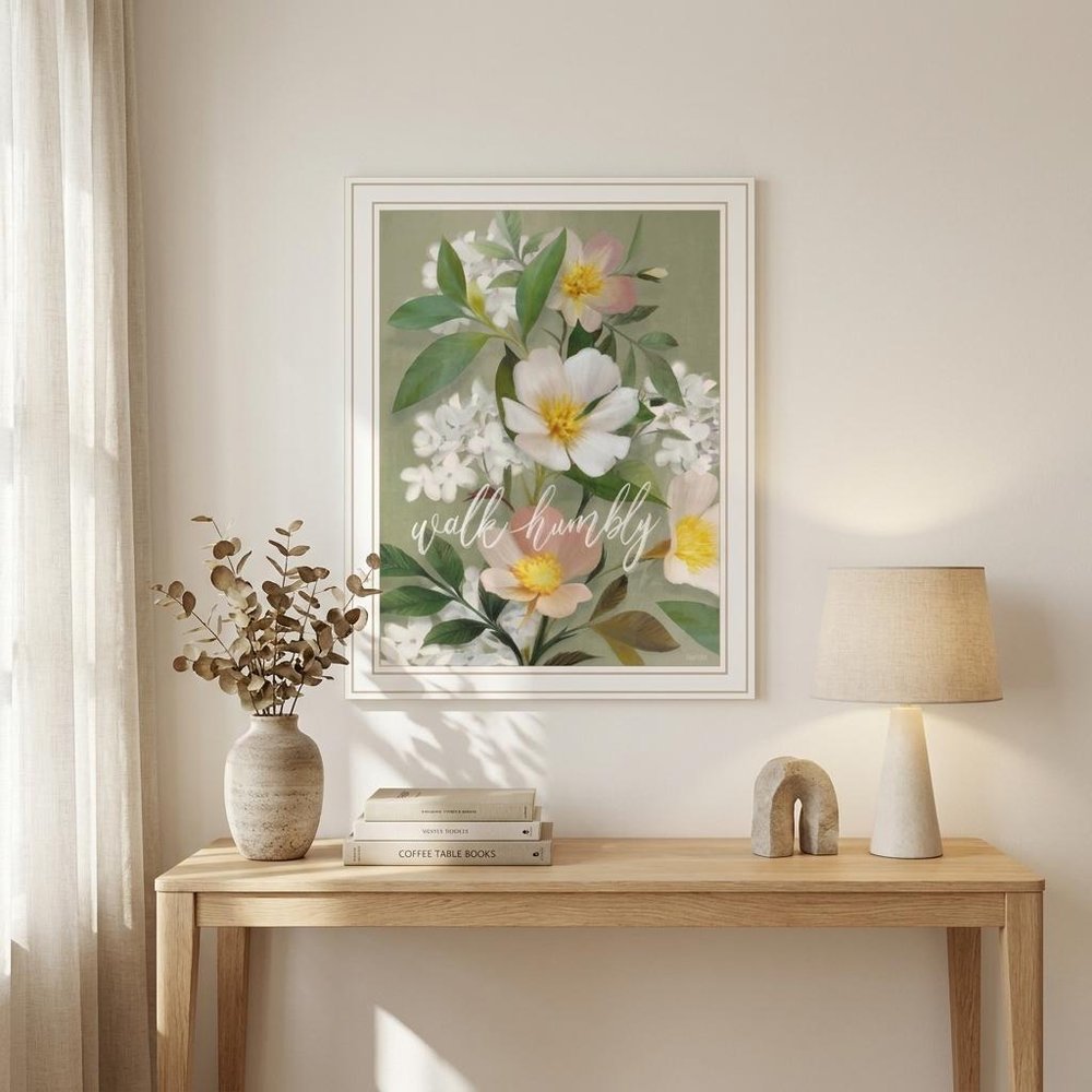 Walk Humbly Floral 2 White Framed Print Wall Art