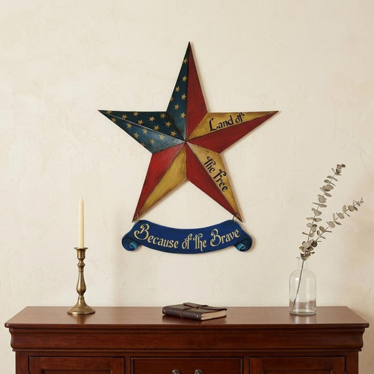 25" X 24" Blue And Red Wood And Metal Star Patriotic Hanging Dimensional Sculpture