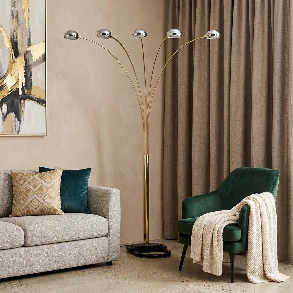 84" Nickel Five Lights Arc Floor Lamp With Nickel Dome Shade