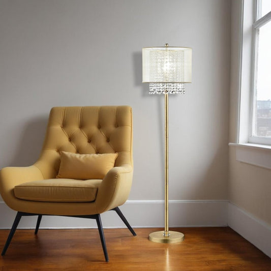 65" Gold And White Novelty Floor Lamp With White Fabric Drum Shade