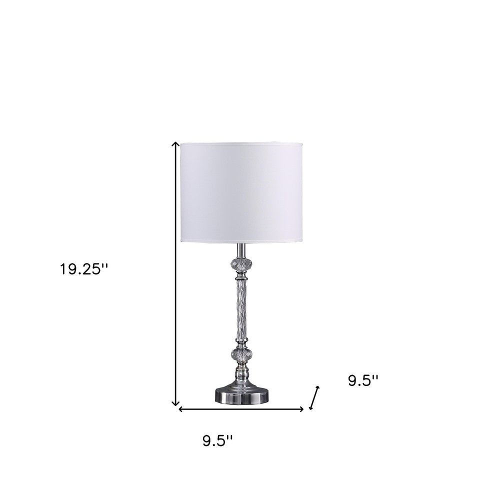 19" Silver Metal and Faux Crystal Table Lamp With White Drum Shade