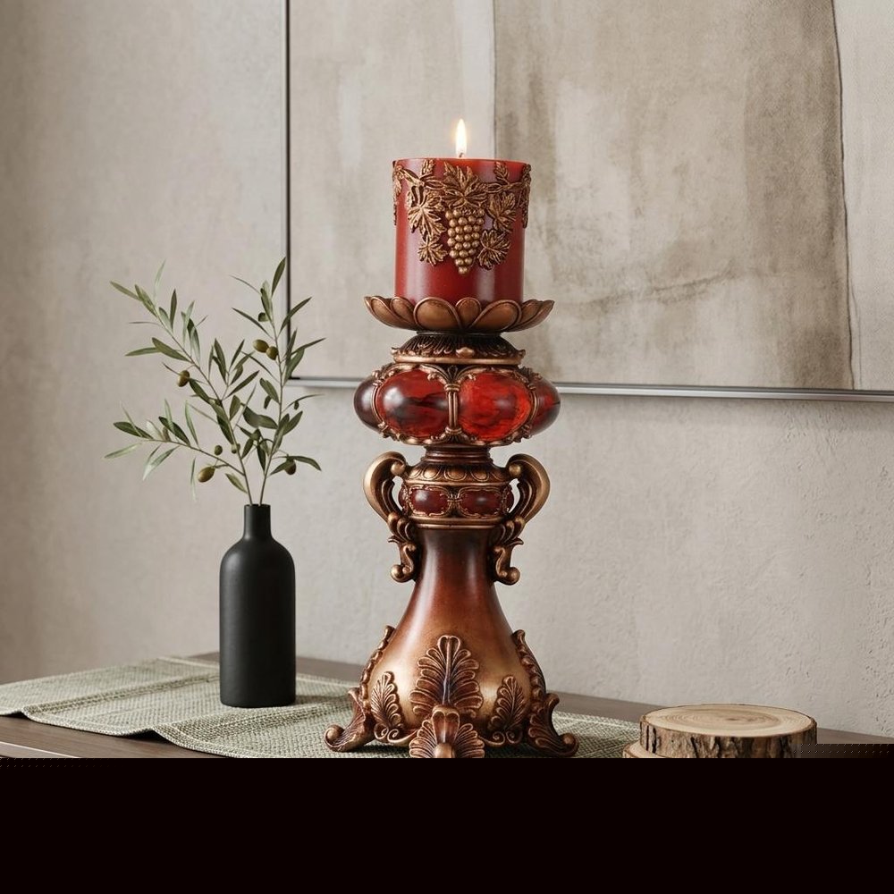 16" Tall Red and Brown Faux Marble Candle Holder with Candle
