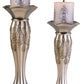 Set of Two Silver Metallic Polyresin Ornate Tabletop Pillar Candle Holders With Candle