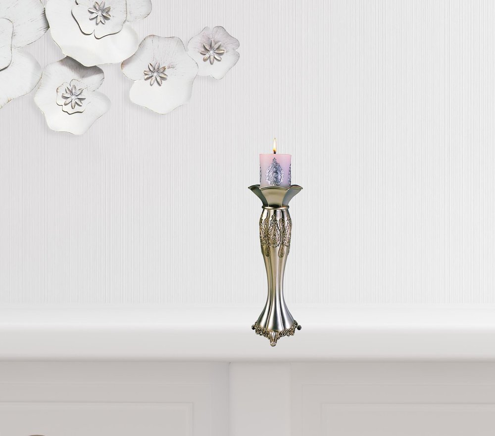 Set of Two Silver Metallic Polyresin Ornate Tabletop Pillar Candle Holders With Candle