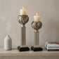 Set of Two Silver Polyresin Filigree Tabletop Pillar Candle Holders With Candle