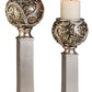 Set of Two Silver Polyresin Filigree Tabletop Pillar Candle Holders With Candle