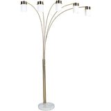 84" Gold And White Five Light Arched Floor Lamp With White Acrylic Drum Shade