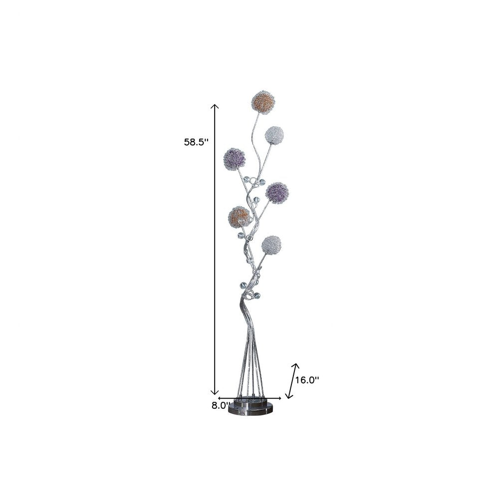 59" Silver Six Light LED Novelty Floor Lamp With Purple And White Metal Novelty Shade
