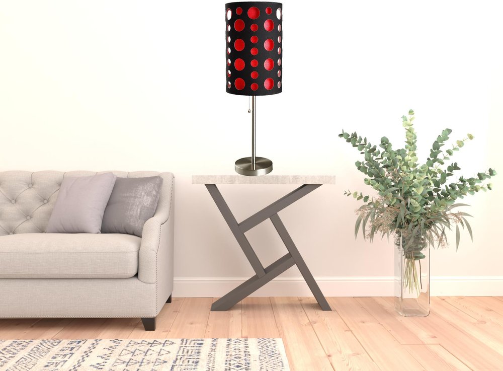 33" Steel Mod Table Lamp With Black And Red Drum Shade